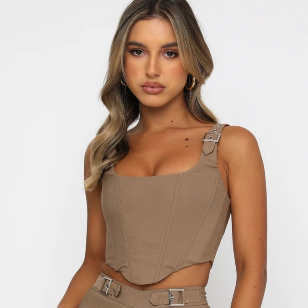 White fox taupe buckle strap corset